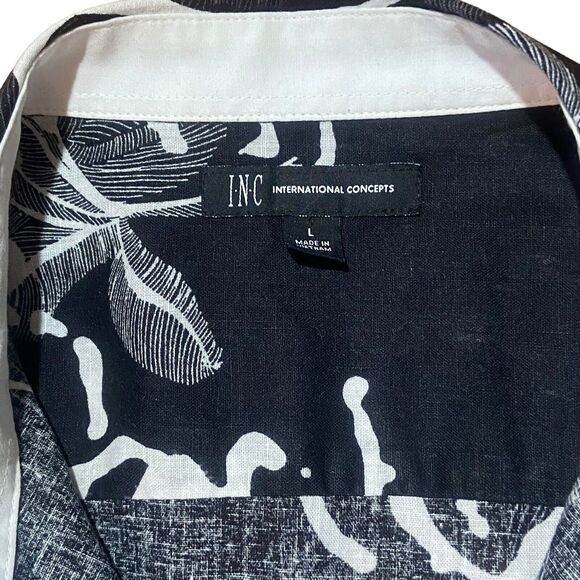 INC Men's Linen Blend Button Shirt Size L Black & White Long Roll Tab Sleeve - Picture 5 of 10